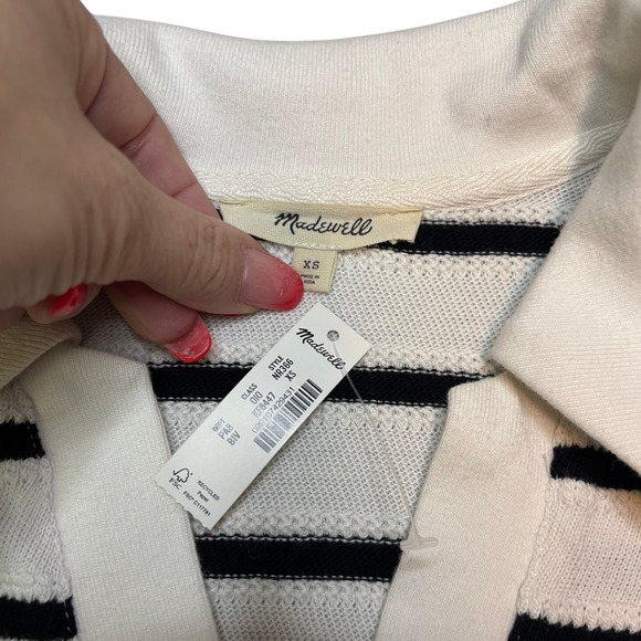 Madewell Relaxed V-Neck Polo Knit Top XS NWT Ivory Black Stripe Cotton - Picture 6 of 7